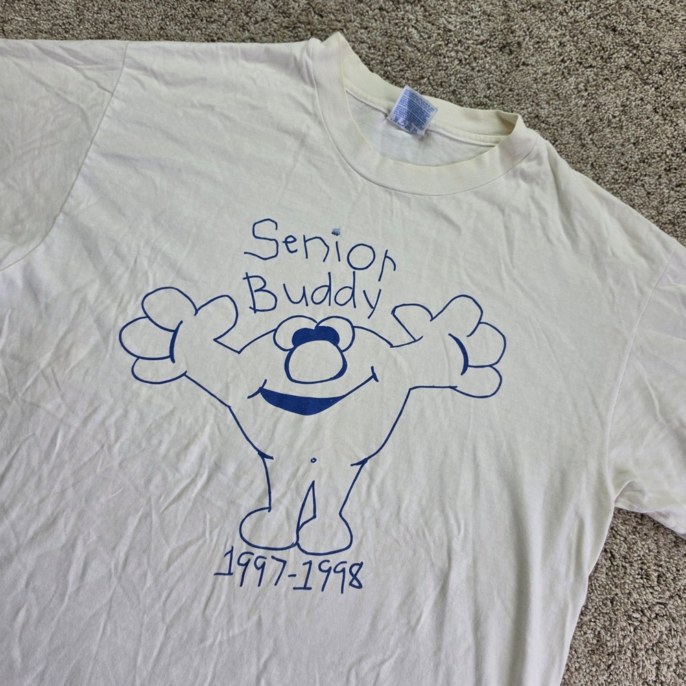VINTAGE Hanes Senior Buddy T Shirt Mens Large White 1997 1998 Graphic Beefy-T